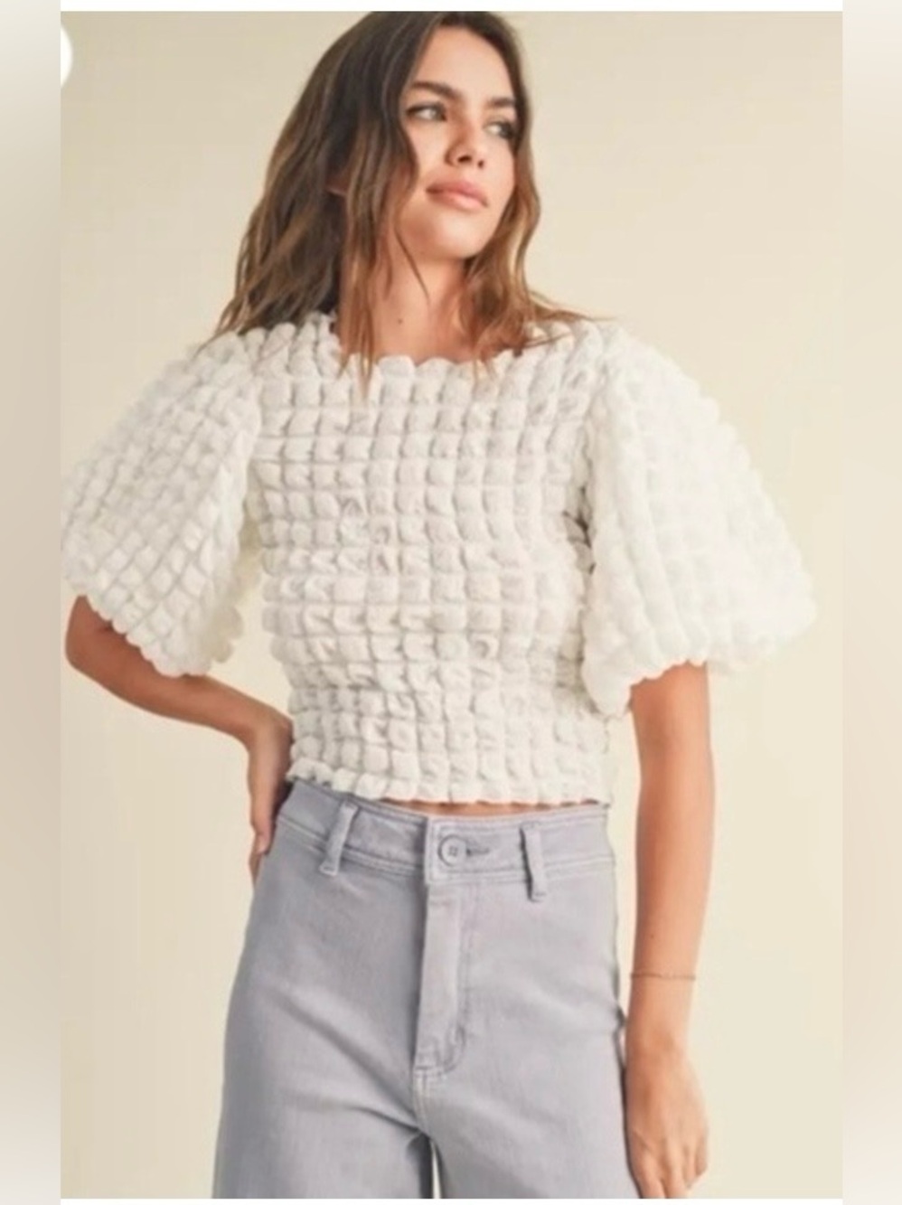 MUSE Republic Clothing White Bubble Puff Sleeve Top Large